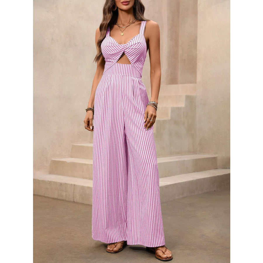 Striped Cutout Twist Front Wide Leg Jumpsuit Apparel and Accessories