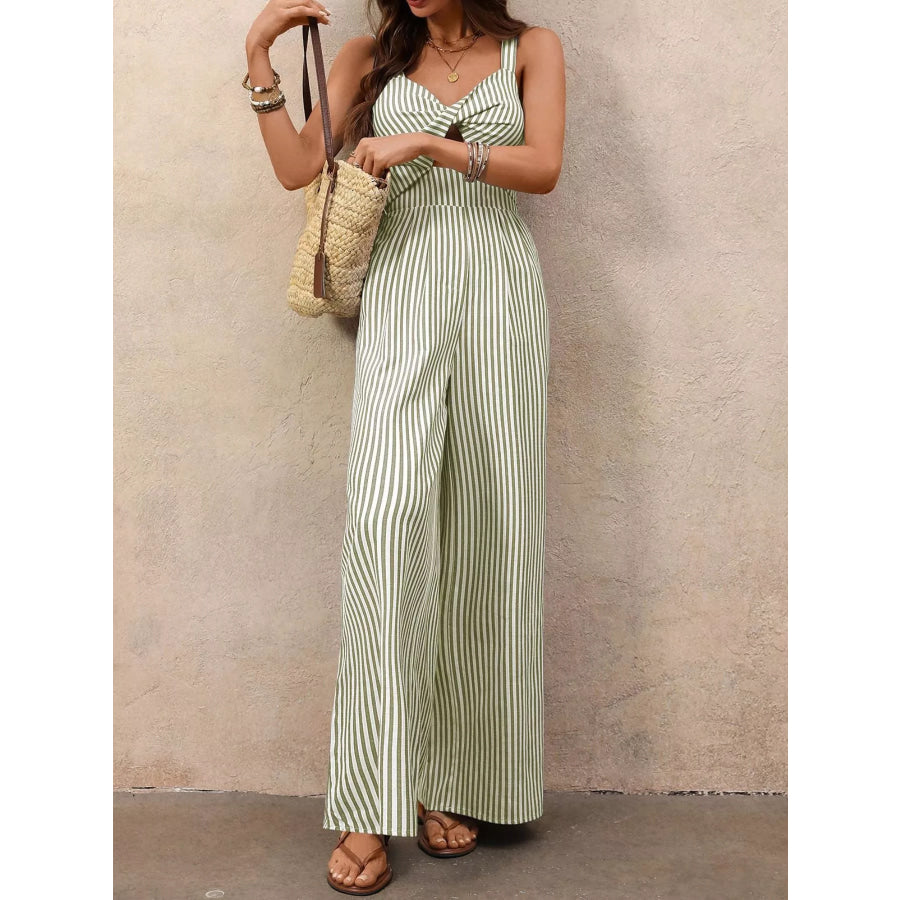 Striped Cutout Twist Front Wide Leg Jumpsuit Apparel and Accessories