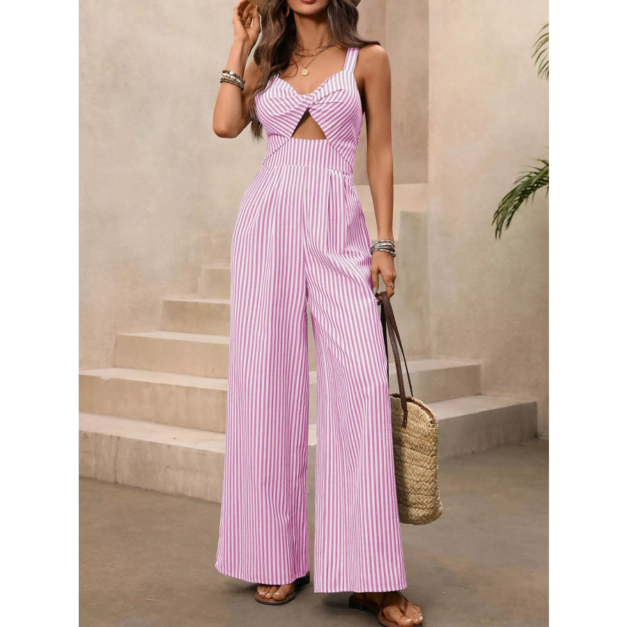 Striped Cutout Twist Front Wide Leg Jumpsuit Blush Pink / S Apparel and Accessories
