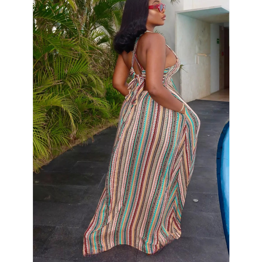 Striped Deep V-Neck Maxi Dress Apparel and Accessories