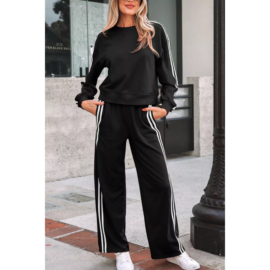 Striped Detail Crewneck Pullover Elastic Sweatpants 2pcs Outfit Apparel and Accessories