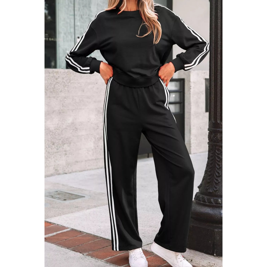 Striped Detail Crewneck Pullover Elastic Sweatpants 2pcs Outfit Apparel and Accessories