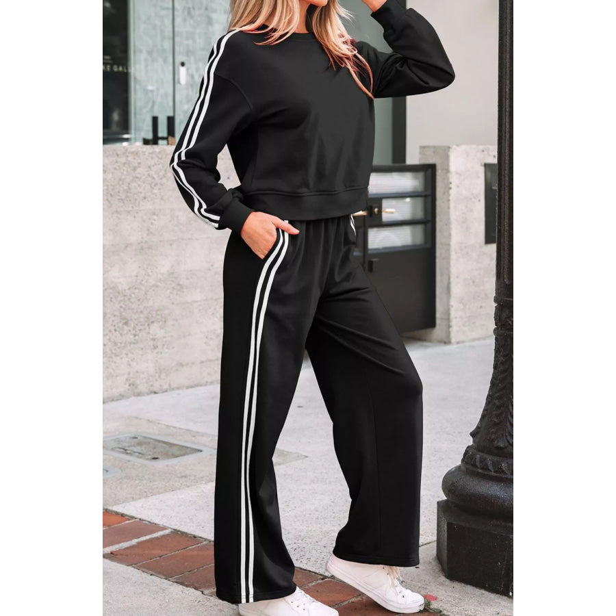 Striped Detail Crewneck Pullover Elastic Sweatpants 2pcs Outfit Apparel and Accessories