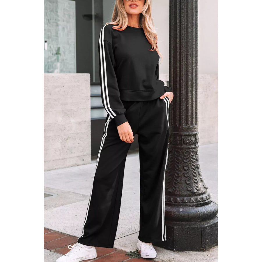 Striped Detail Crewneck Pullover Elastic Sweatpants 2pcs Outfit Apparel and Accessories