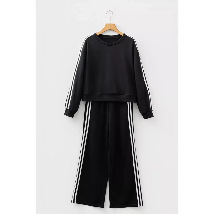 Striped Detail Crewneck Pullover Elastic Sweatpants 2pcs Outfit Black / S Apparel and Accessories