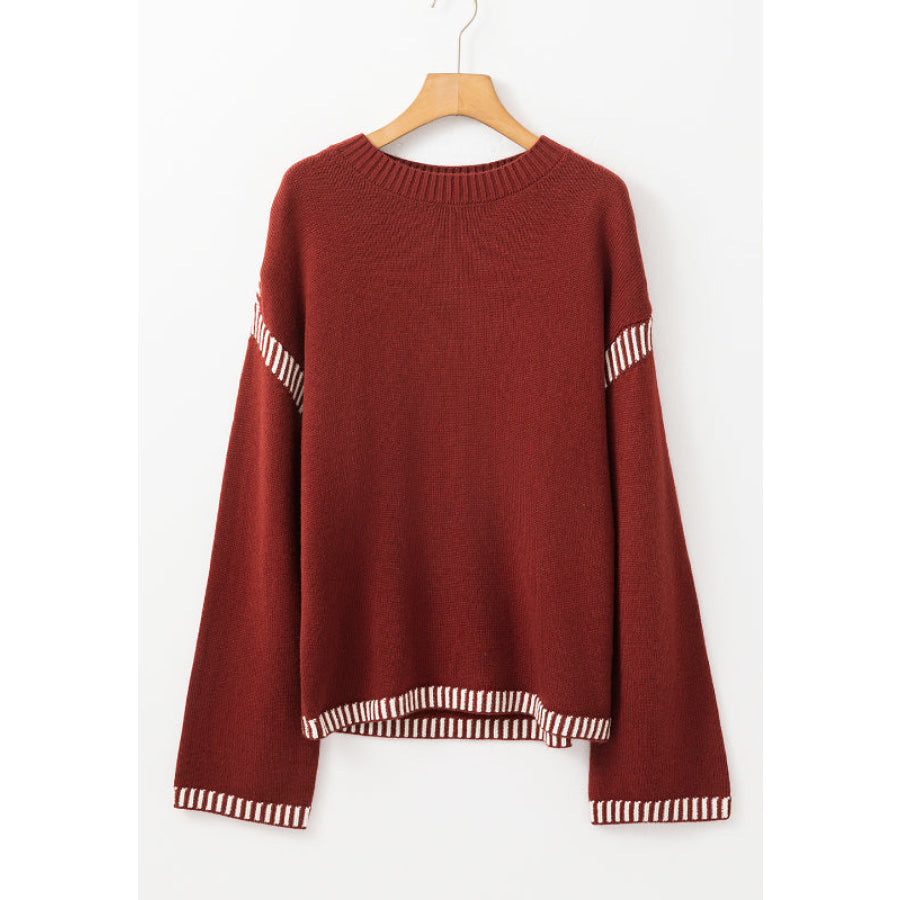 Striped Detail Round Neck Dropped Shoulder Sweater Apparel and Accessories