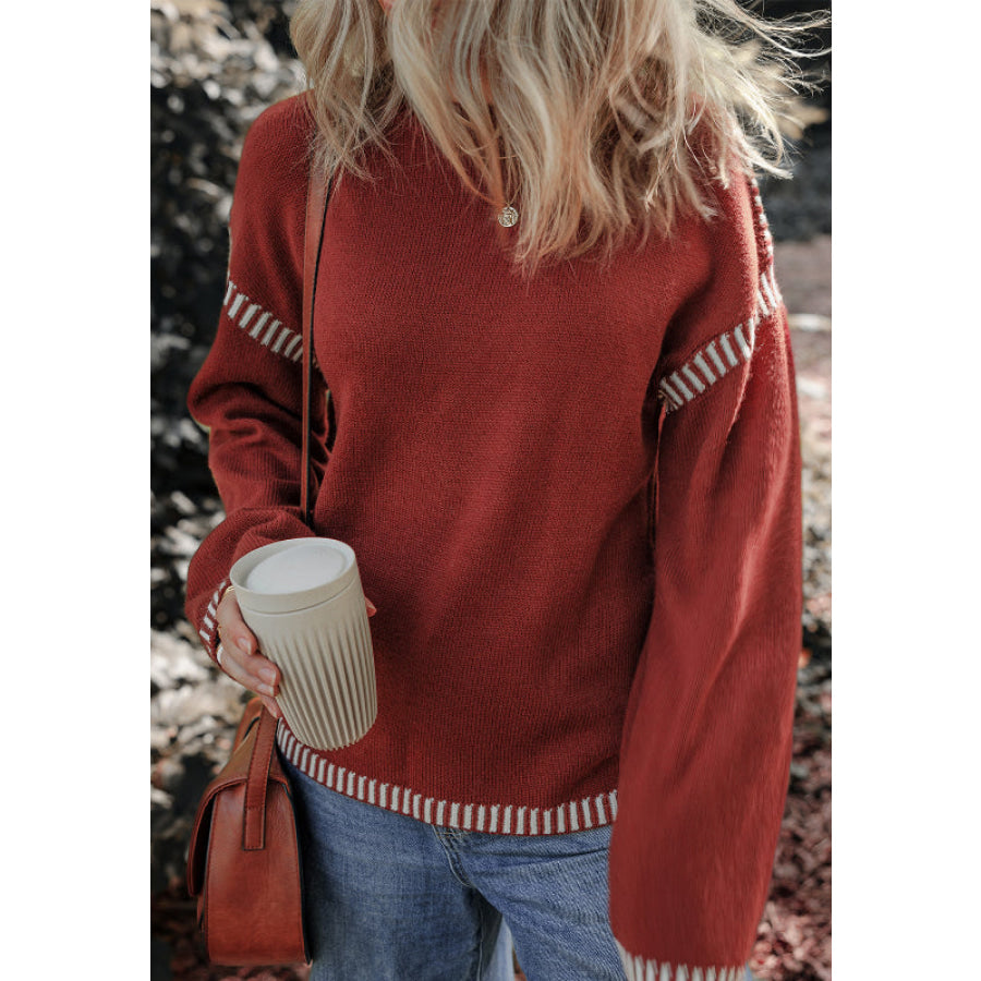 Striped Detail Round Neck Dropped Shoulder Sweater Apparel and Accessories