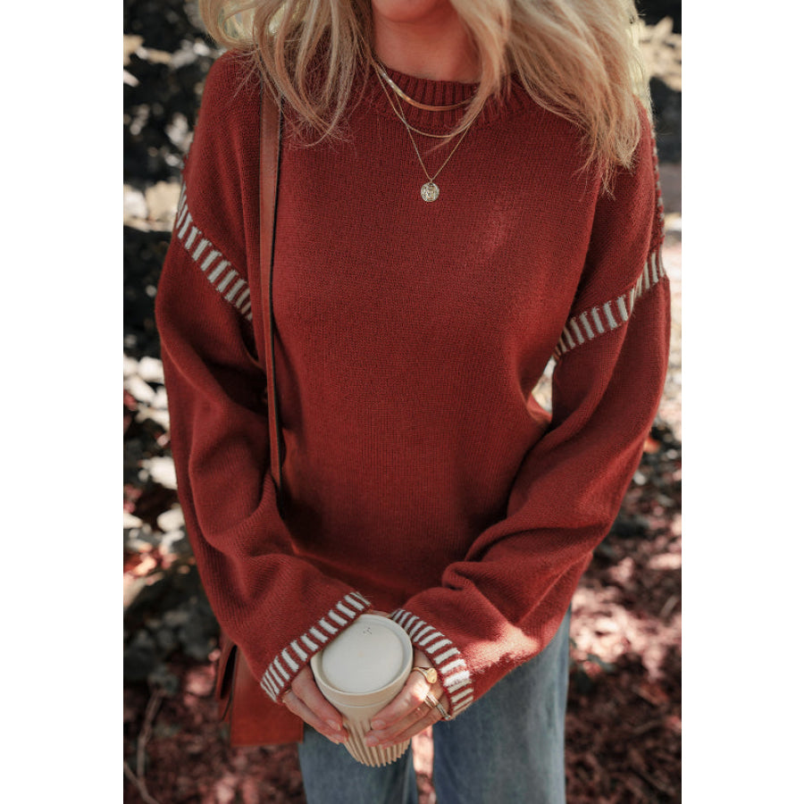 Striped Detail Round Neck Dropped Shoulder Sweater Apparel and Accessories