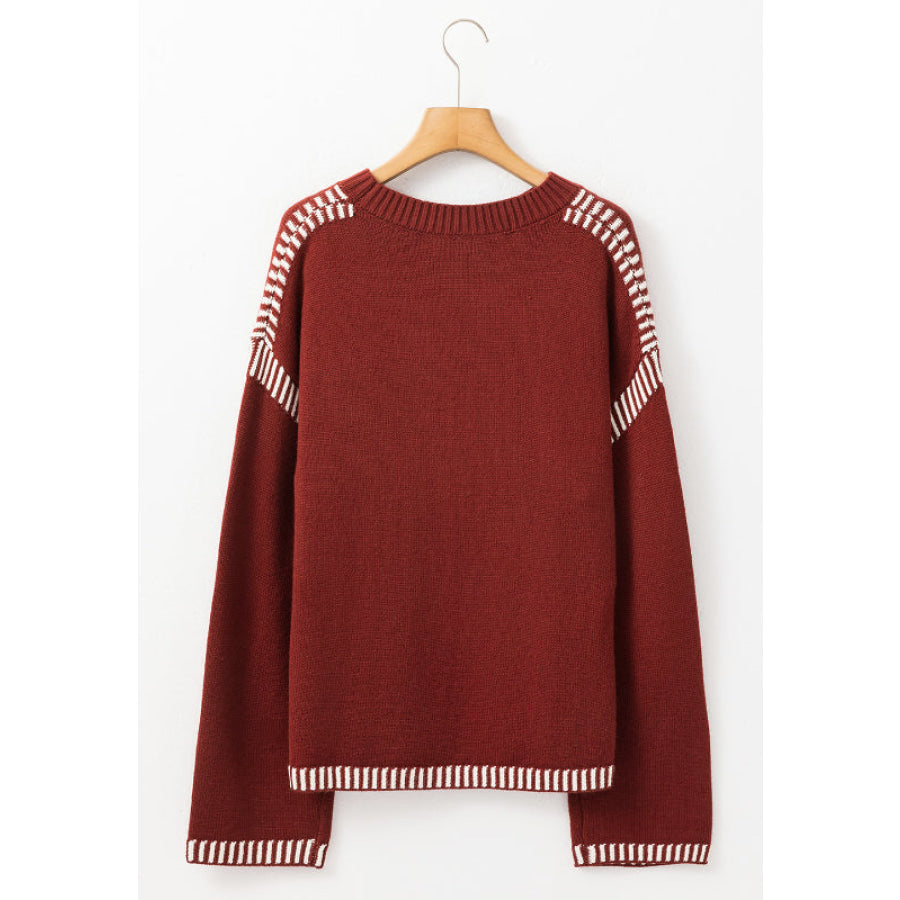 Striped Detail Round Neck Dropped Shoulder Sweater Apparel and Accessories