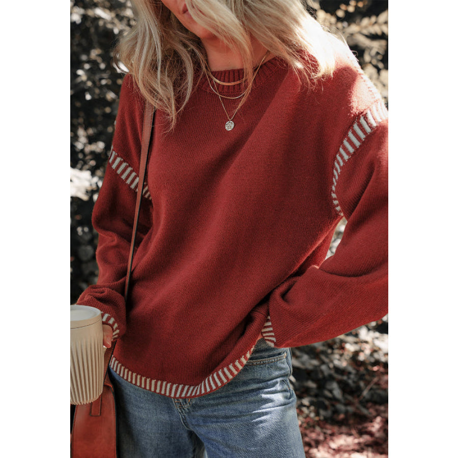 Striped Detail Round Neck Dropped Shoulder Sweater Burgundy / S Apparel and Accessories