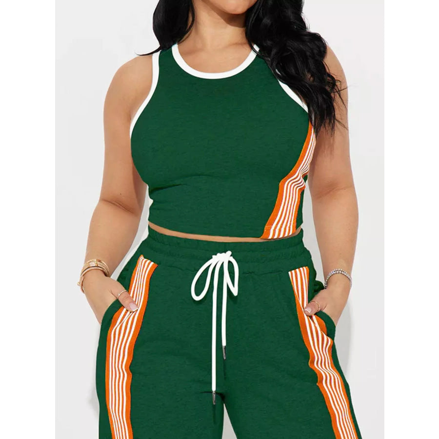 Striped Detail Top and Drawstring Pants Set Apparel and Accessories