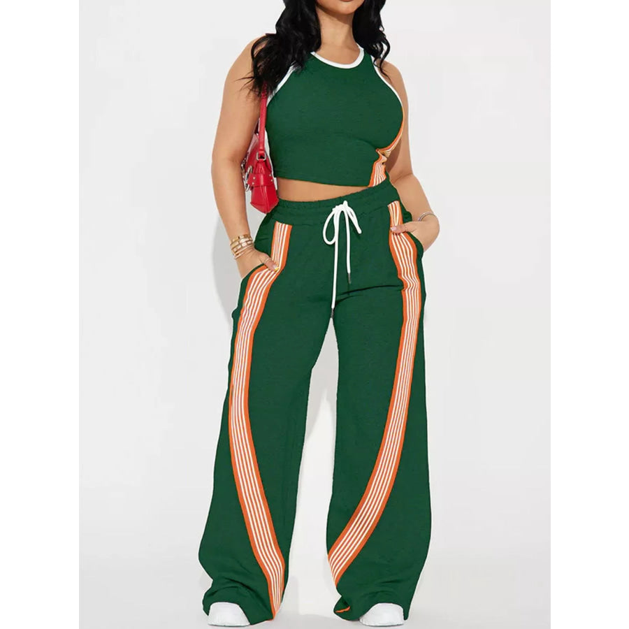 Striped Detail Top and Drawstring Pants Set Green / S Apparel and Accessories