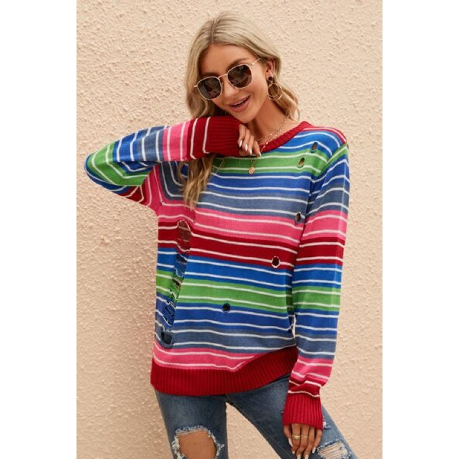 Striped Distressed Cutout Round Neck Sweater Clothing