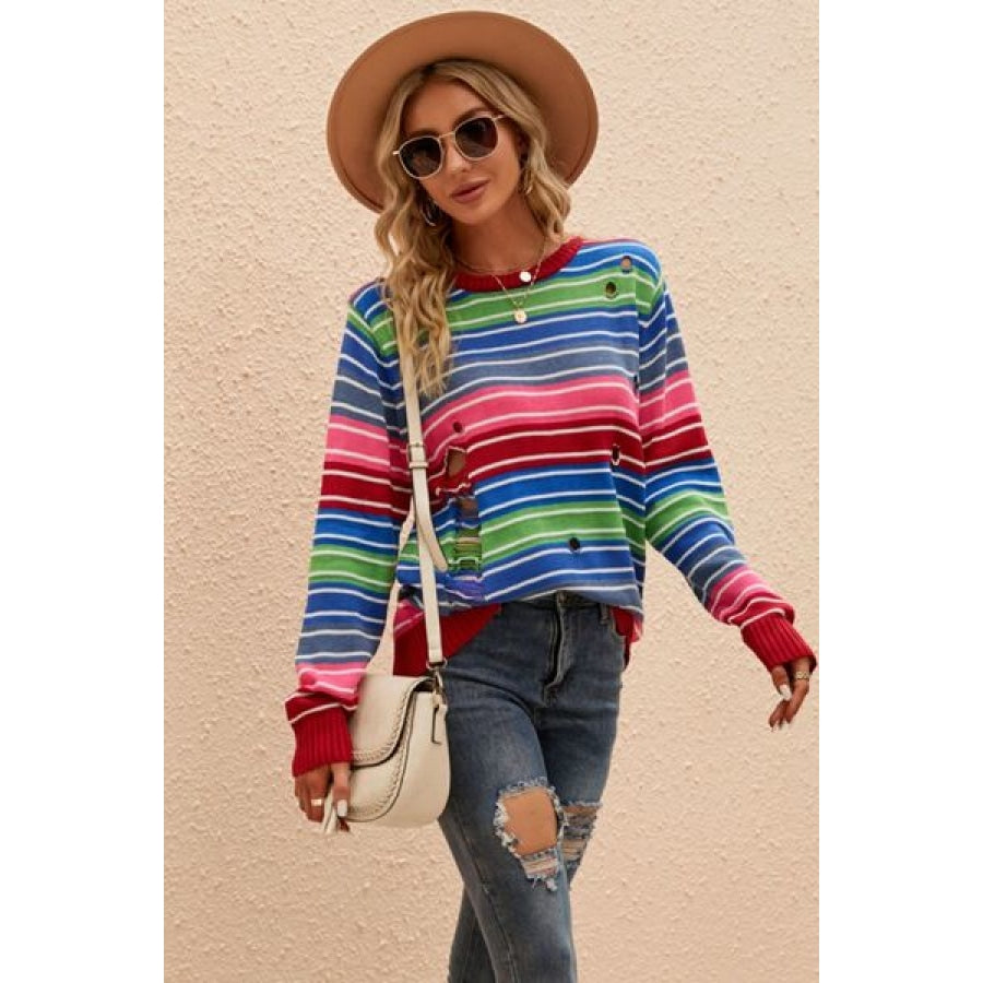 Striped Distressed Cutout Round Neck Sweater Clothing