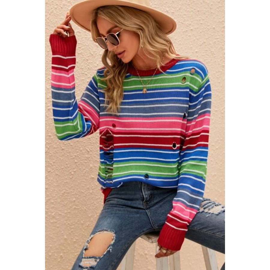 Striped Distressed Cutout Round Neck Sweater Clothing