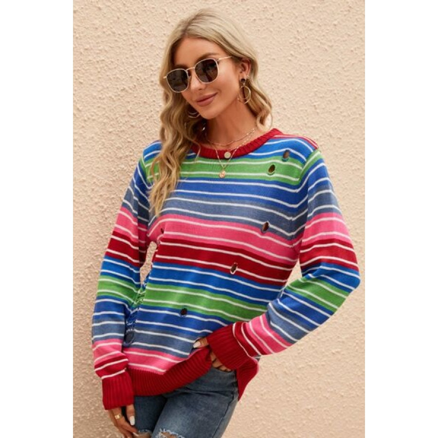 Striped Distressed Cutout Round Neck Sweater Stripe / S Clothing