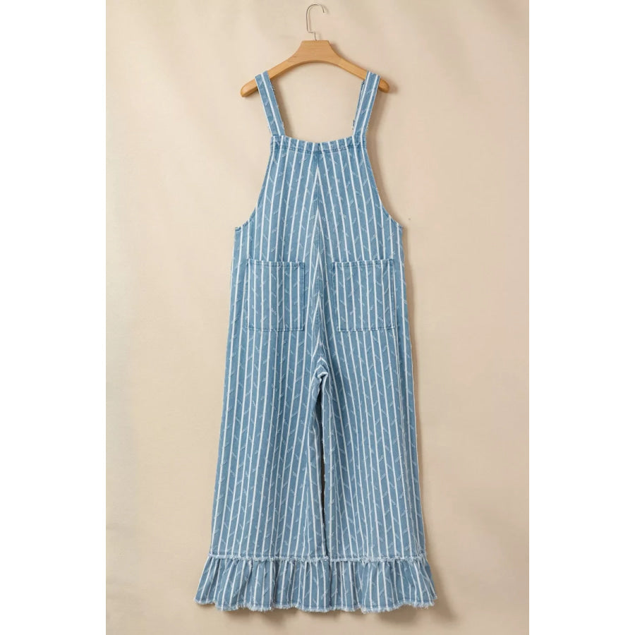 Striped Distressed Ruffled Wide Leg Denim Overalls Apparel and Accessories