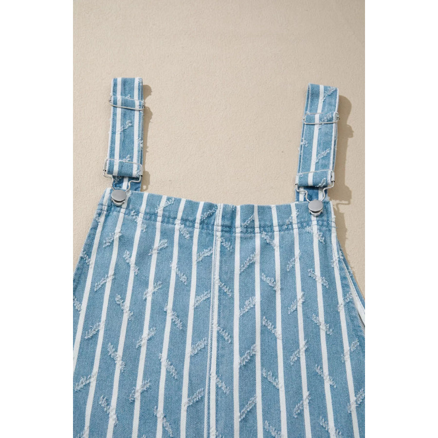 Striped Distressed Ruffled Wide Leg Denim Overalls Apparel and Accessories
