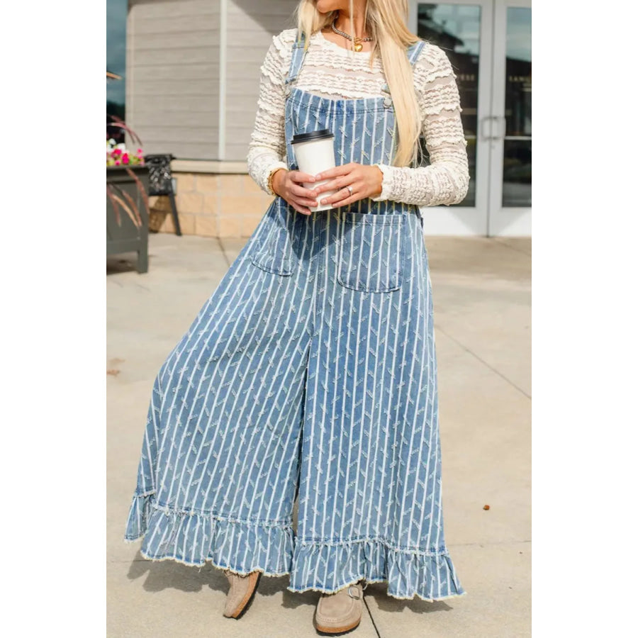 Striped Distressed Ruffled Wide Leg Denim Overalls Apparel and Accessories