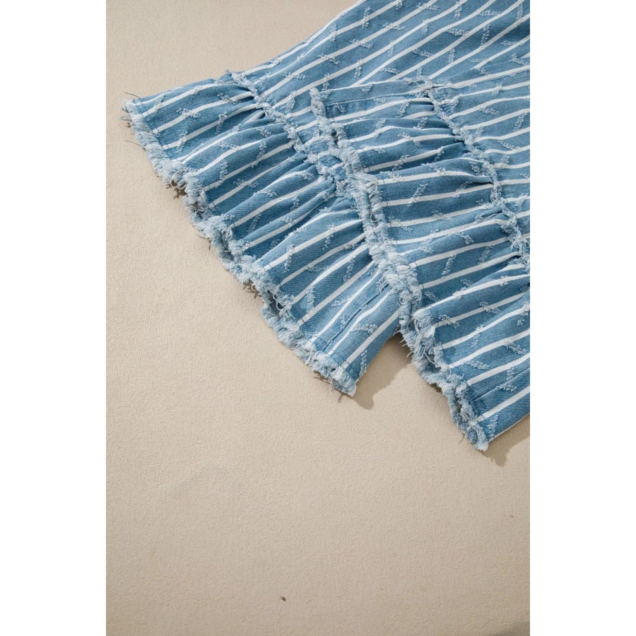Striped Distressed Ruffled Wide Leg Denim Overalls Apparel and Accessories
