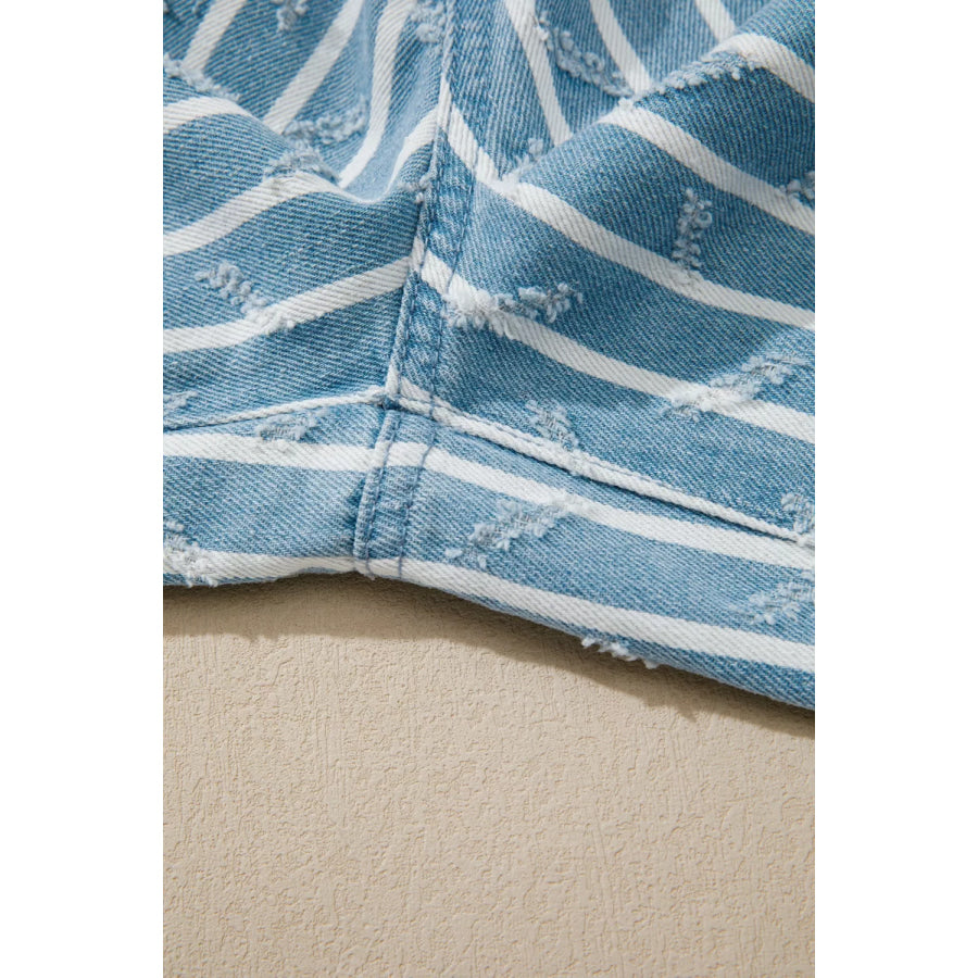Striped Distressed Ruffled Wide Leg Denim Overalls Apparel and Accessories