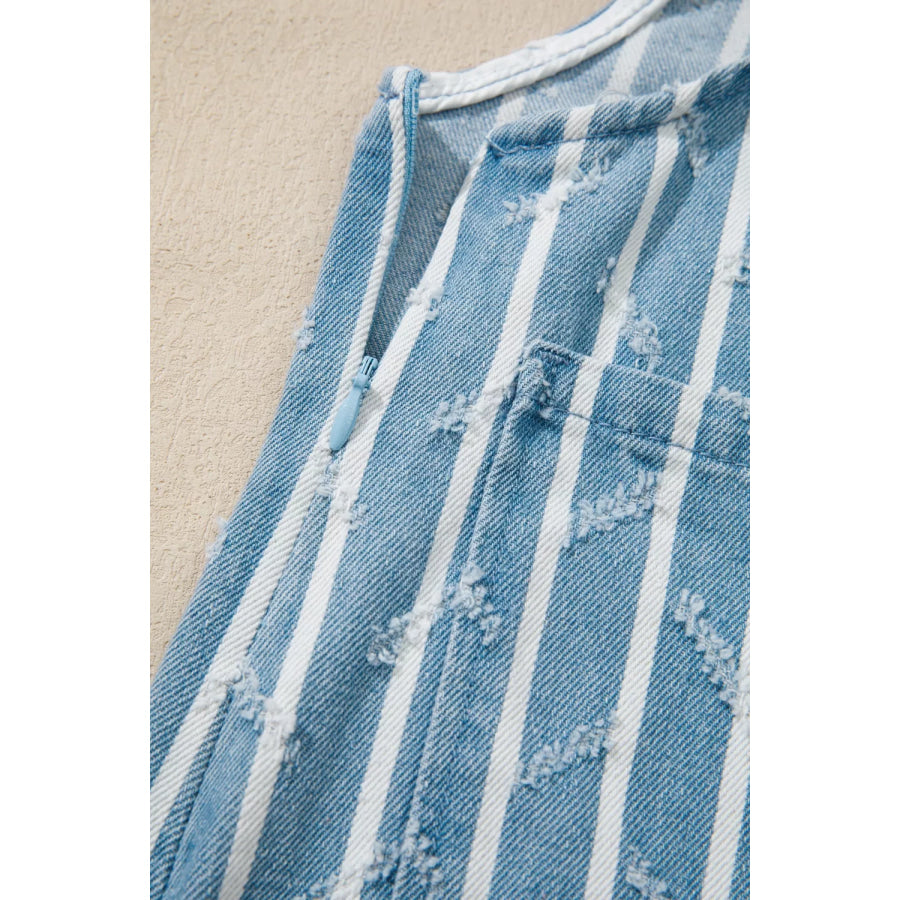 Striped Distressed Ruffled Wide Leg Denim Overalls Apparel and Accessories