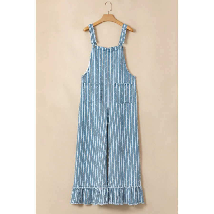 Striped Distressed Ruffled Wide Leg Denim Overalls Apparel and Accessories