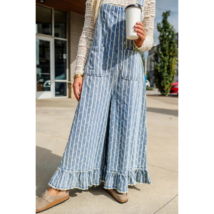 Striped Distressed Ruffled Wide Leg Denim Overalls Apparel and Accessories