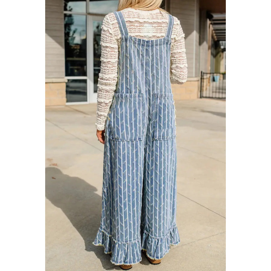 Striped Distressed Ruffled Wide Leg Denim Overalls Light Blue / S Apparel and Accessories