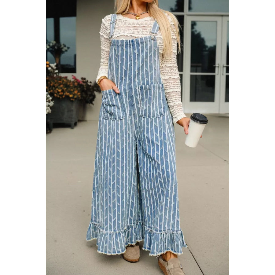 Striped Distressed Ruffled Wide Leg Denim Overalls Light Blue / S Apparel and Accessories