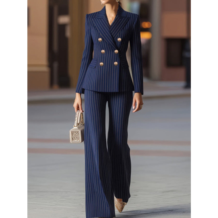 Striped Double-Breasted Blazer & Wide Leg Pants Set Blue / S Apparel and Accessories