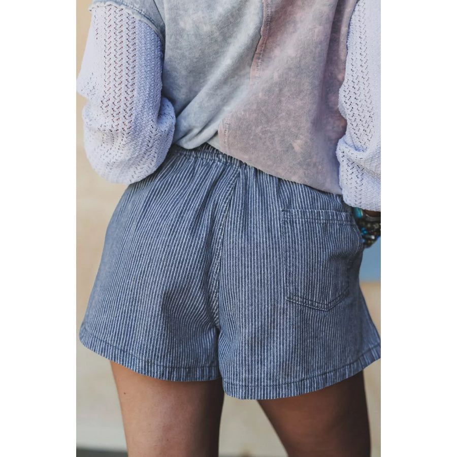 Striped Drawstring Denim Shorts Dusty Blue / S Apparel and Accessories