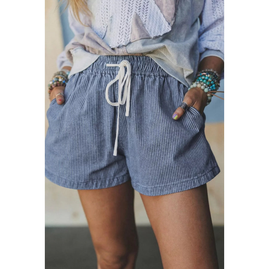Striped Drawstring Denim Shorts Dusty Blue / S Apparel and Accessories