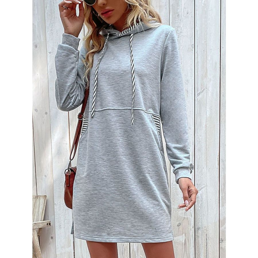 Striped Drawstring Long Sleeve Hoodie Light Gray / S