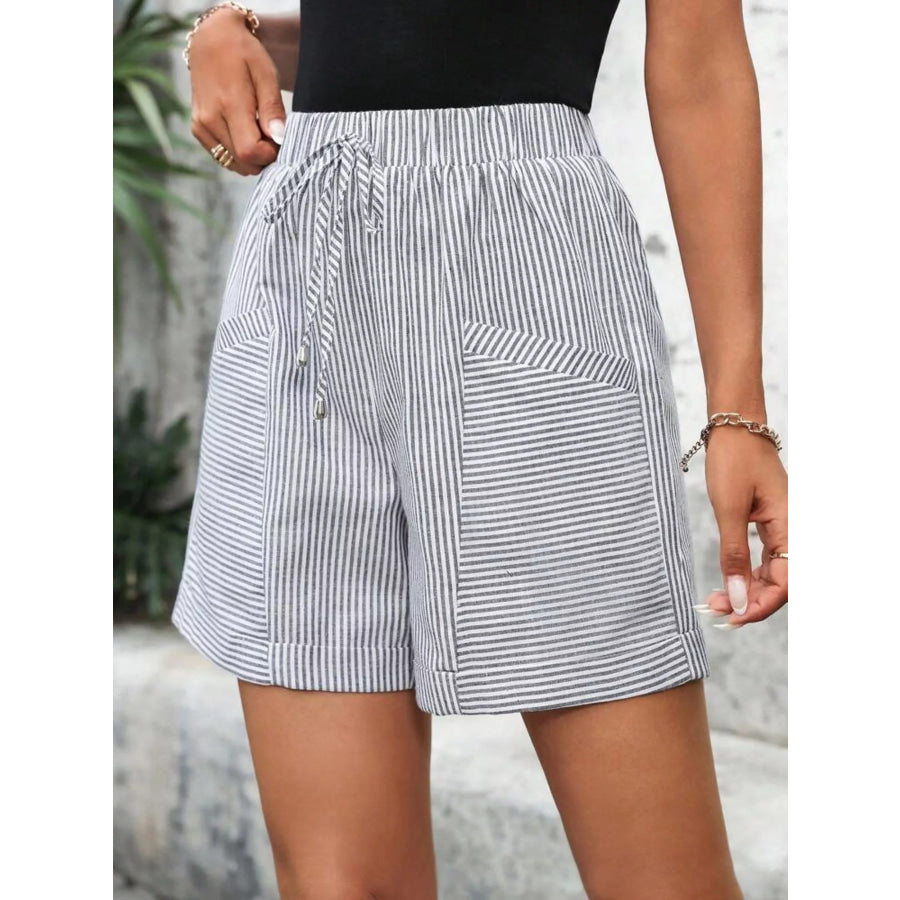 Striped Drawstring Waist Shorts Space Gray / S Apparel and Accessories