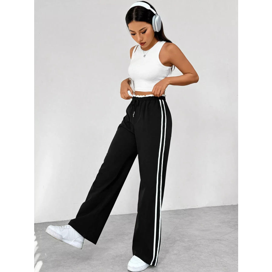 Striped Drawstring Waist Wide Leg Pants Apparel and Accessories