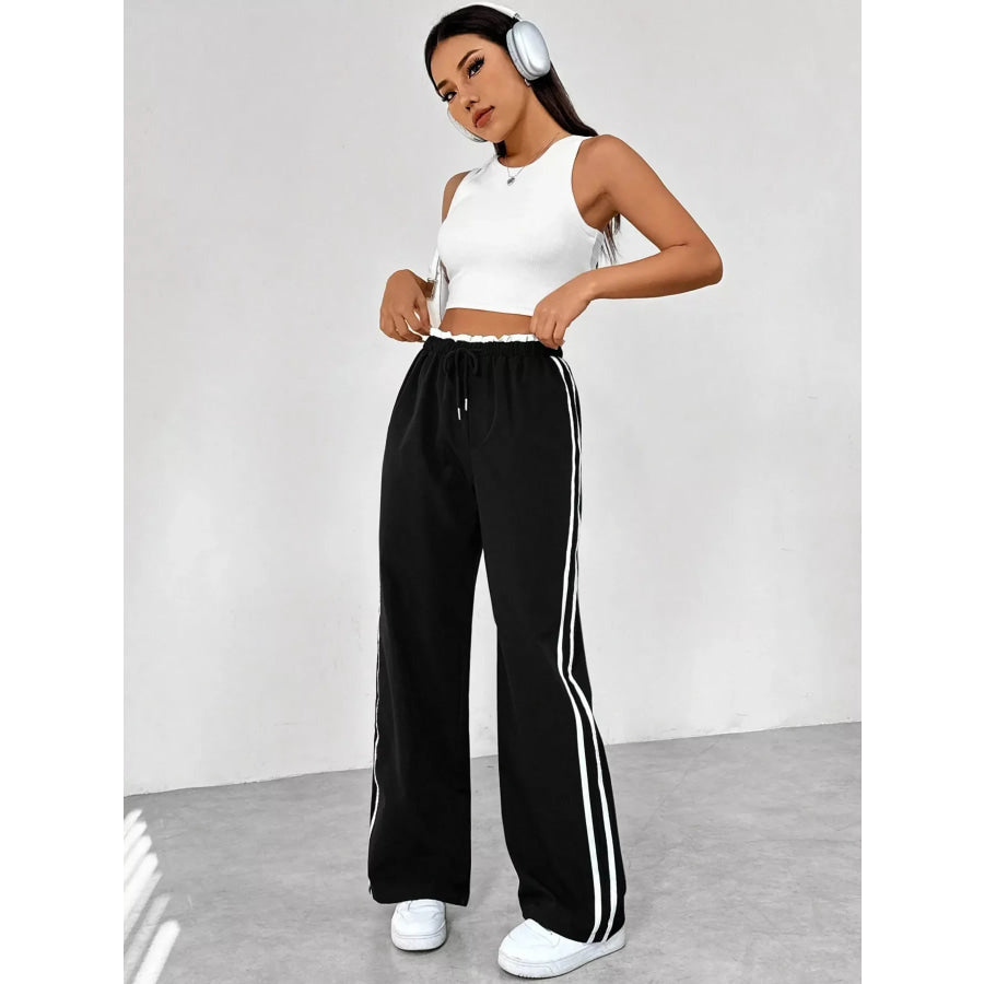 Striped Drawstring Waist Wide Leg Pants Apparel and Accessories