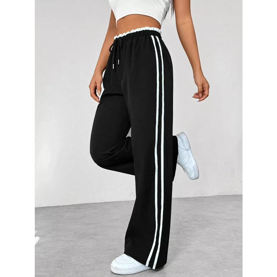 Striped Drawstring Waist Wide Leg Pants Black / S Apparel and Accessories