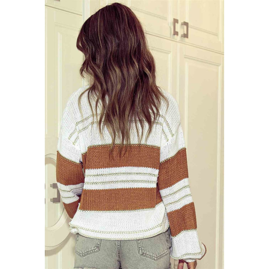 Striped Drop Shoulder Lantern Sleeve Sweater Clothing