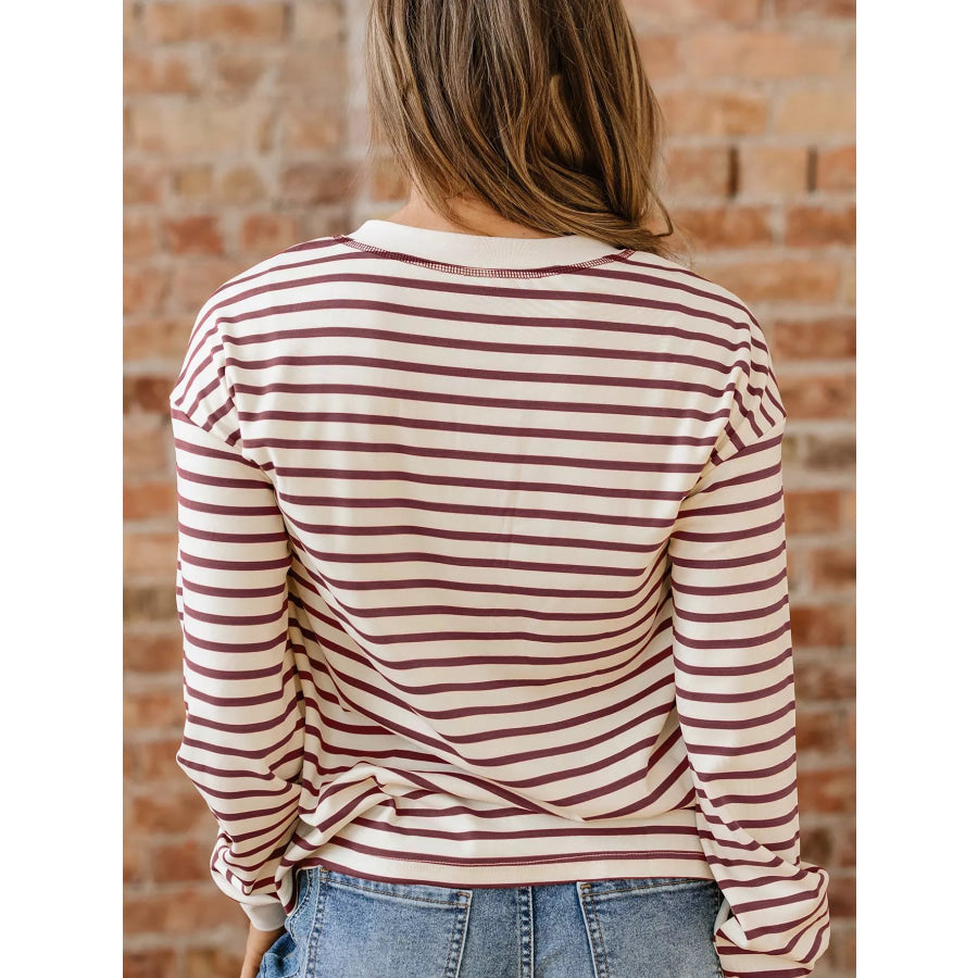 Striped Drop Shoulder Long Sleeve Henley Top Apparel and Accessories