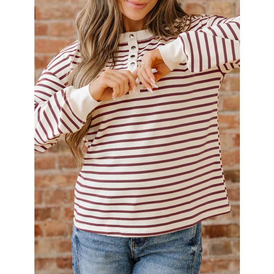 Striped Drop Shoulder Long Sleeve Henley Top Apparel and Accessories