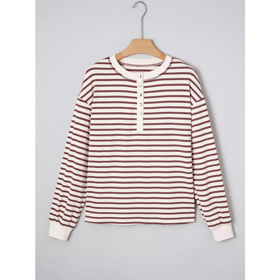 Striped Drop Shoulder Long Sleeve Henley Top Apparel and Accessories