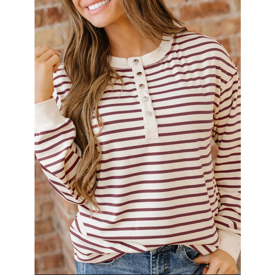 Striped Drop Shoulder Long Sleeve Henley Top Apparel and Accessories