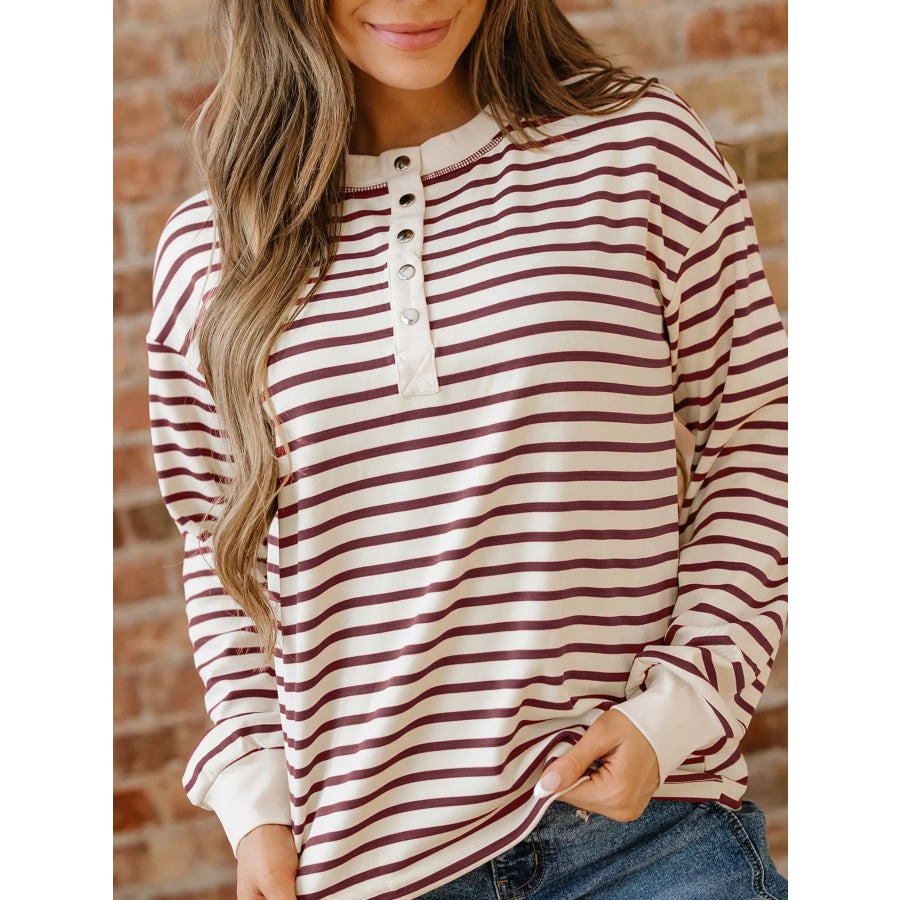 Striped Drop Shoulder Long Sleeve Henley Top Apparel and Accessories