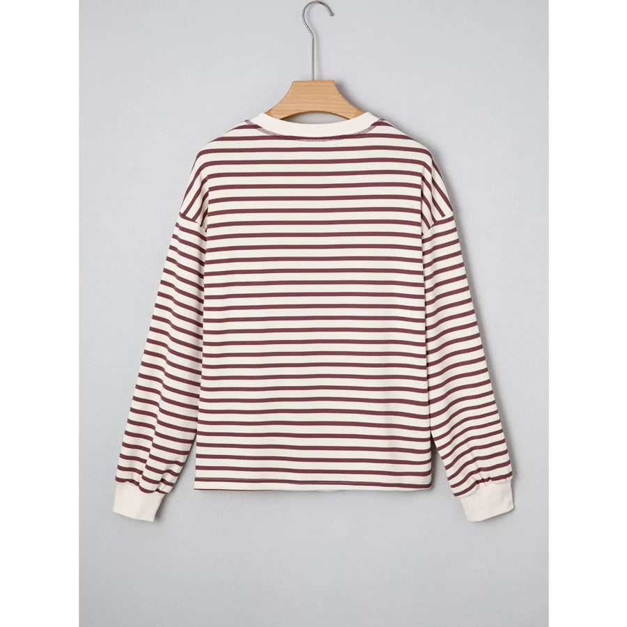 Striped Drop Shoulder Long Sleeve Henley Top Apparel and Accessories