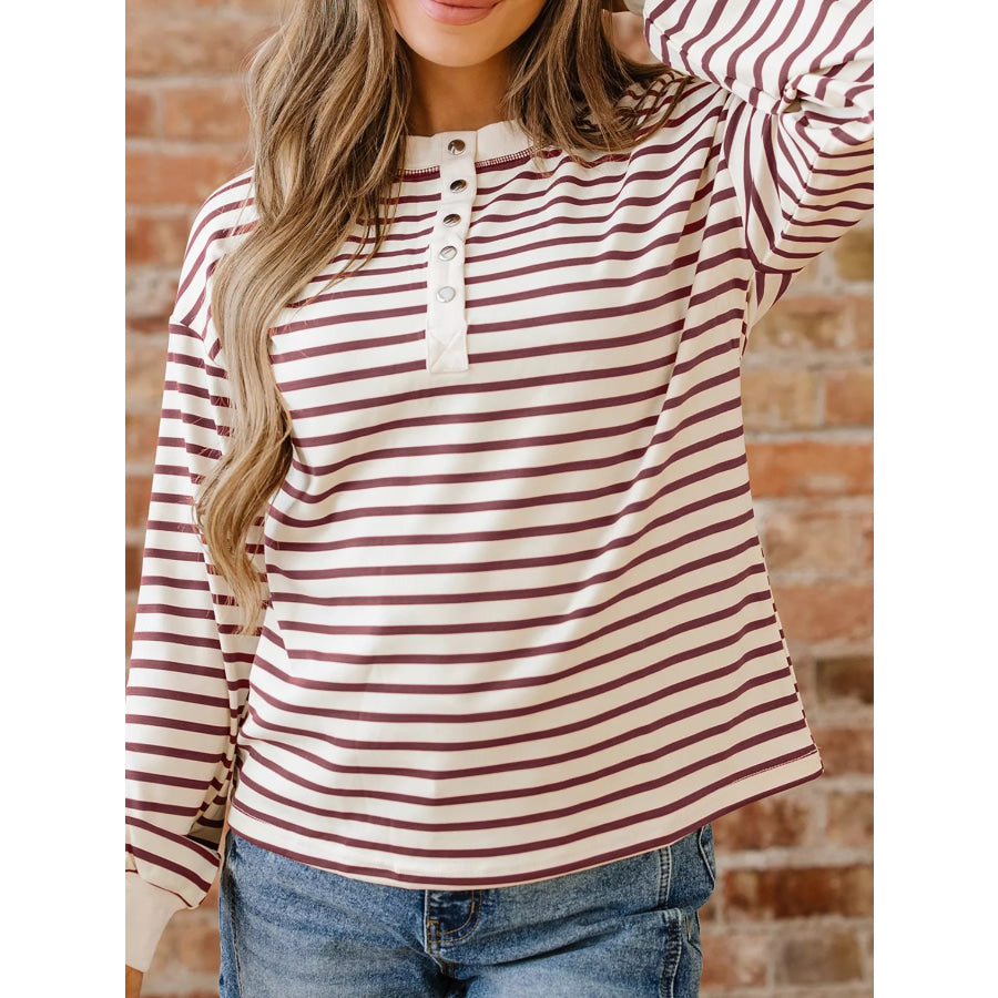 Striped Drop Shoulder Long Sleeve Henley Top Apparel and Accessories