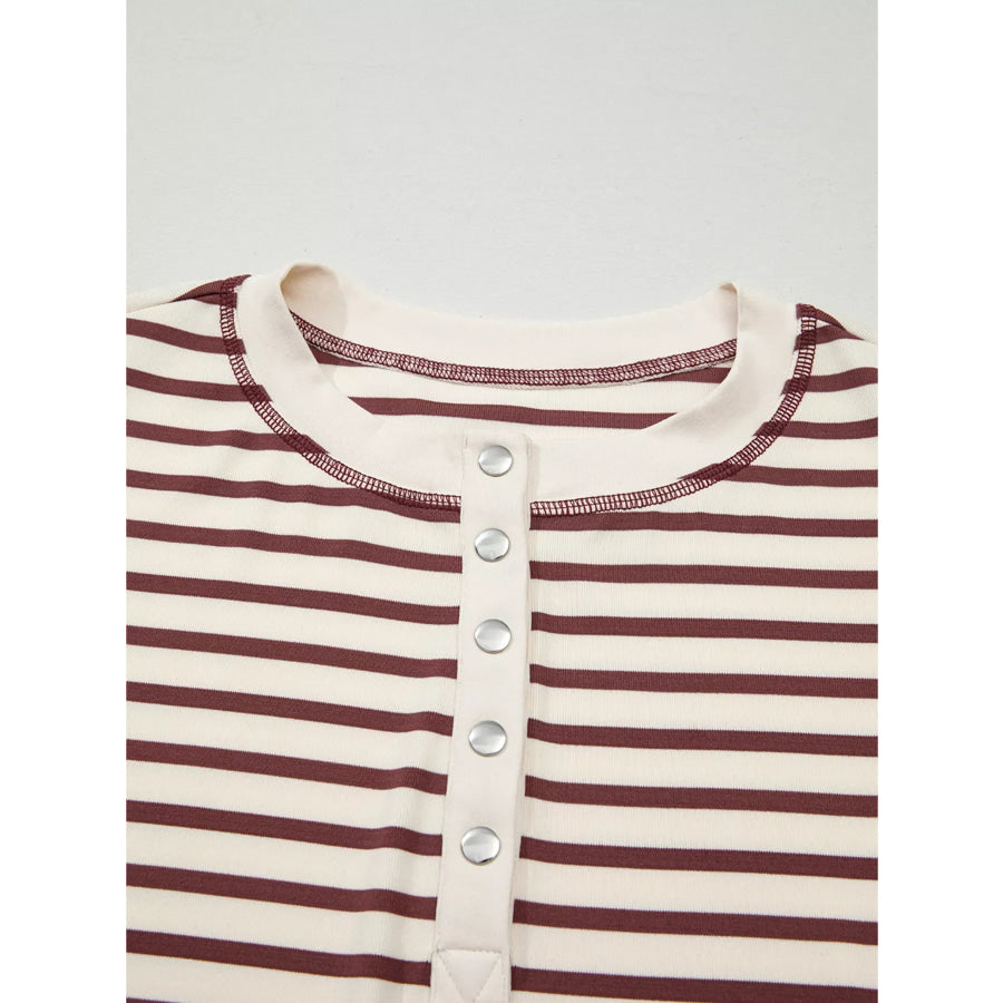 Striped Drop Shoulder Long Sleeve Henley Top Apparel and Accessories