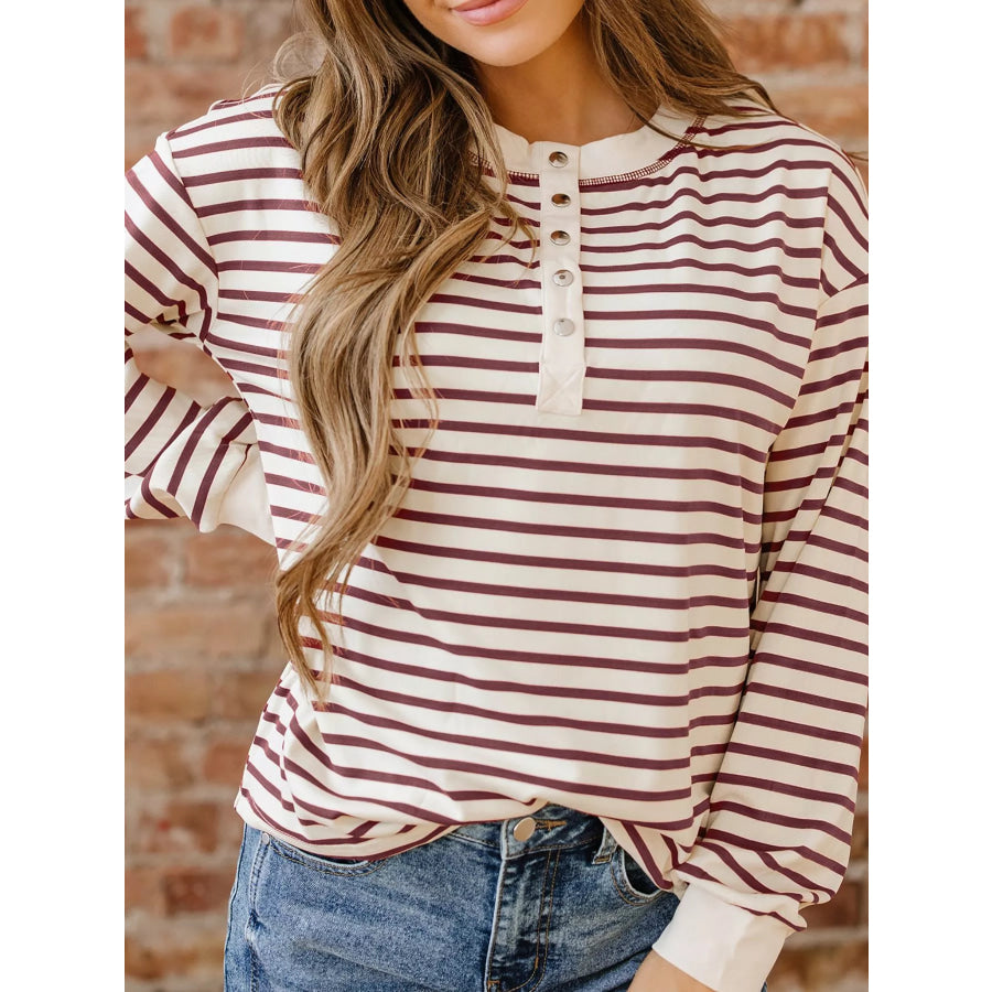 Striped Drop Shoulder Long Sleeve Henley Top Stripe / S Apparel and Accessories