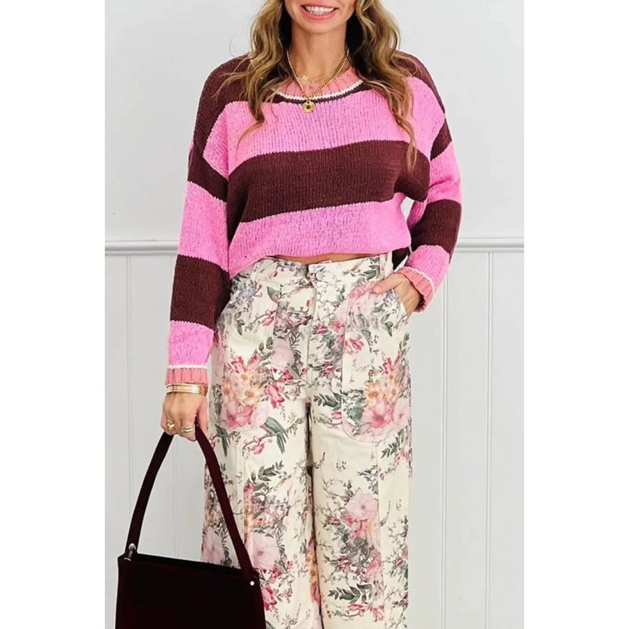 Striped Drop Shoulder Long Sleeve Pullover Regular Fit Knit Sweater Apparel and Accessories