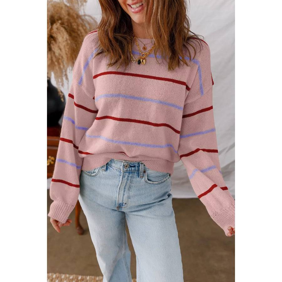 Striped Drop Shoulder Long Sleeve Sweater Dusty Pink / S Apparel and Accessories